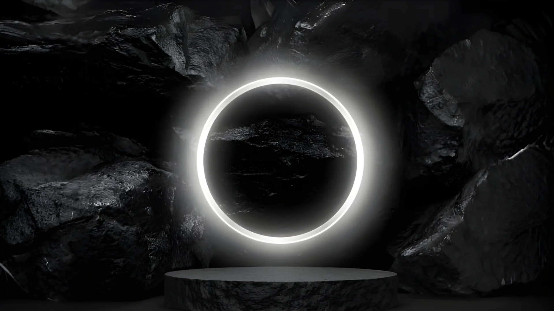 Luminous ring portal — dark rocks